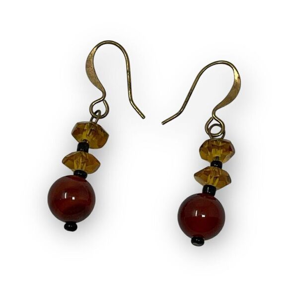 Vintage Amber and Gold Tone Beaded Drop Dangle Earrings - Picture 2 of 8